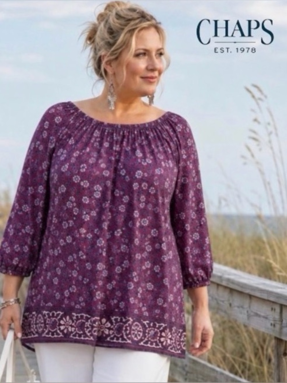3X Chaps Ralph Lauren Women's Boho Floral Blouse, 100% Cotton